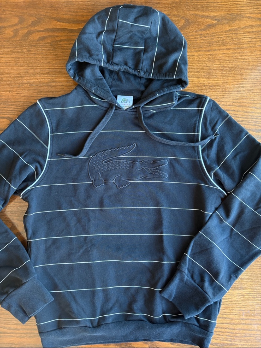 Lacoste Black Cotton Hoodie w White Pinstripes large front logo zip pockets EUC